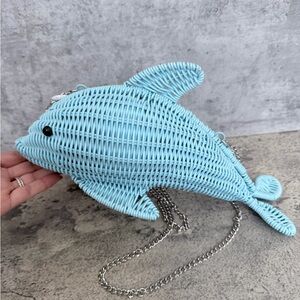 NWT Tommy Bahama Light Blue Wicker Dolphin Clutch